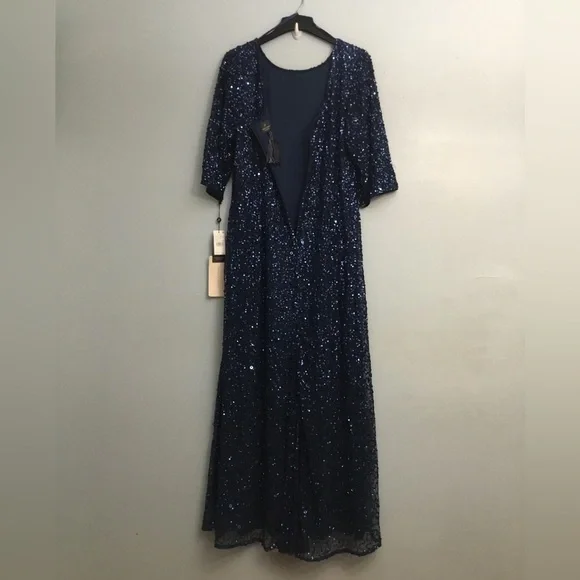 ADRIANNA PAPELL Blue and Silver Embellished Gown with Scoop Neckline - Picture 2 of 16